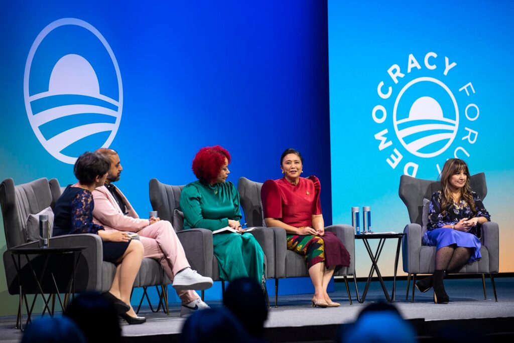 Renee DiResta, Anil Dash, Nikole Hannah-Jones, Zeynep Tufekci and Leni Robredo participate in a panel discussion, “Tackling Disinformation, Protecting Democracy” during the Obama Foundation Democracy Forum in New York on November 17, 2022. 

Please credit “The Obama Foundation.” The photographs may not be manipulated in any way, and may not be used in commercial or political materials, advertisements, emails, products, or promotions that in any way suggest approval or endorsement by the Foundation,